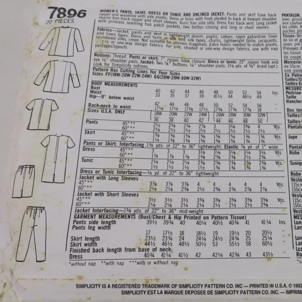 simplicity 7896 sewing pattern dress, jacket, top, pants, skirt